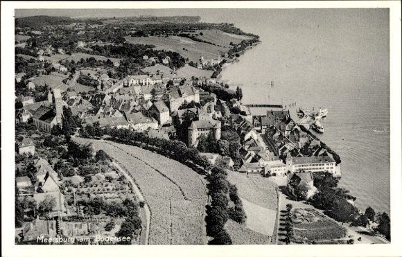 Postcard Meersburg on Lake Constance, aerial view of Meersburg, Lake Constance, castle, vineyards, harbor