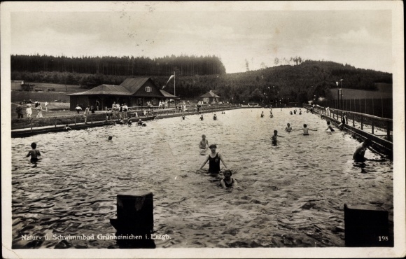 Postcard Grünhainichen in the Ore Mountains, natural pool, swimming pool