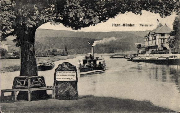 Postcard Hann. Münden in Lower Saxony, Weserstein, steamship