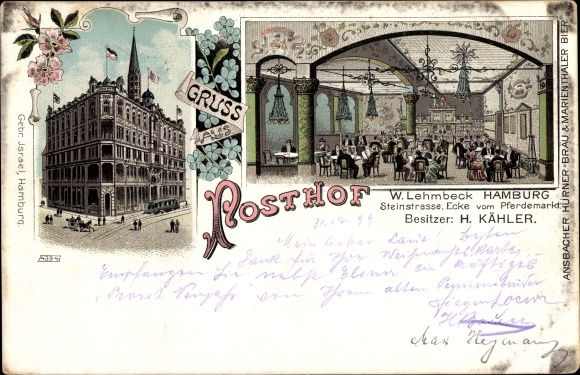litho Hamburg Mitte Wilhelmsburg, Gasthaus Posthof, Steinstrasse, hoek Pferdemarkt, binnenaanzicht