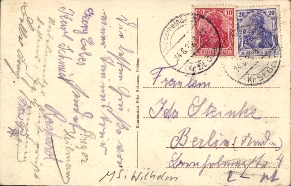 Postcard Niederheimbach am Rhein, steamship on the Rhine, landscape with mountain, houses, clouds