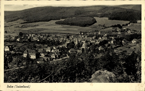 Postcard Balve in the Sauerland, forest landscape, town view with houses, church, mountain landscape