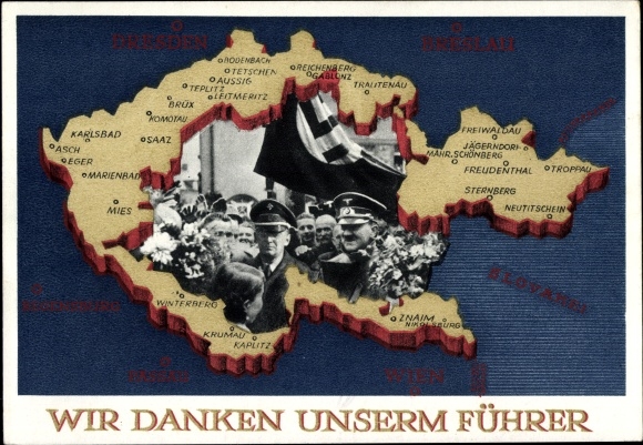 Postal stationery Postcard We thank our leader, Sudetenland, Bohemia, Moravia, Hitler