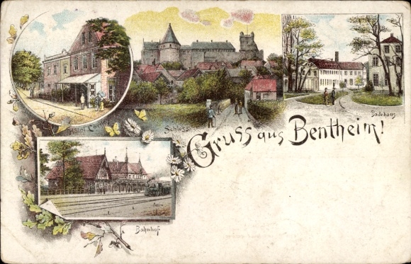 Litho Bad Bentheim in Niedersachsen, Badehaus, Schloss, Bahnhof, Gleisseite, Hotel Cordes