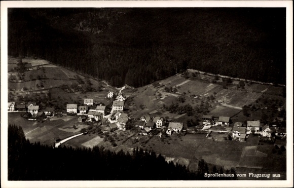 Postcard Sprollenhaus Bad Wildbad in the Black Forest, aerial view of rural surroundings, mountains in the background