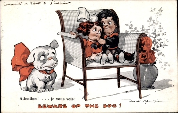 Artist Postcard Spurgin, Fred, Children on a Chair, Dog