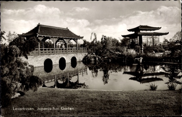 Postcard Leverkusen in the Rhineland, Japanese Garden, Bridge, Pond, Pavilion