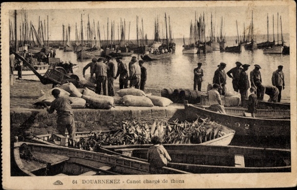 Postcard Douarnenez Finistère, canoe loaded with tuna