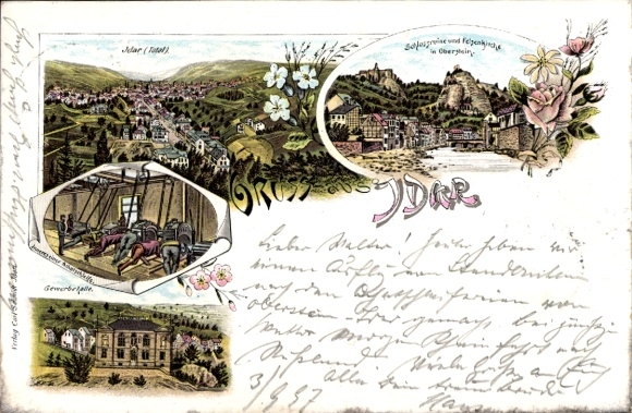 Chromo-Litho Idar Oberstein an der Nahe, general view, commercial hall, castle ruins
