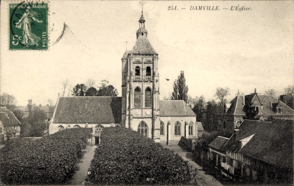 Postcard Damville Eure, church, architecture, rural landscape, marking in Franc.