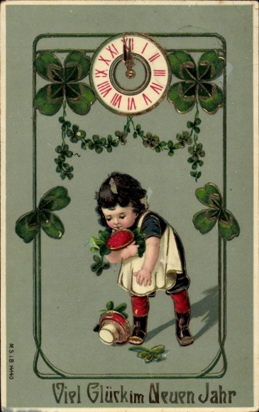 Glitzer Litho Neujahr, Mädchen, Pilze, Uhr