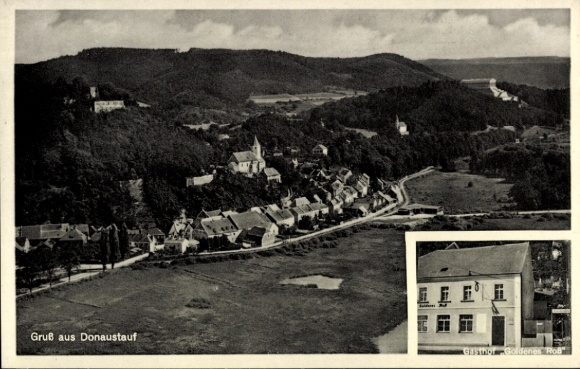 Postcard Donaustauf in the Upper Palatinate, landscape of Gasthof Goldenes Roß, fine cuisine, beautiful garden