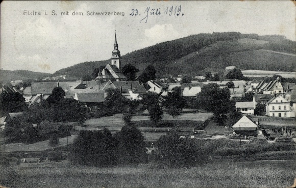 Postcard Elstra in Upper Lusatia Saxony, view of Elstra i. S., church and Schwarzenberg, rural