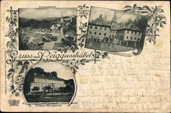 Ansichtkaart Berggiesshübel in Saksen, totaaloverzicht, kasteel Giessenstein, Johann Georgenbad