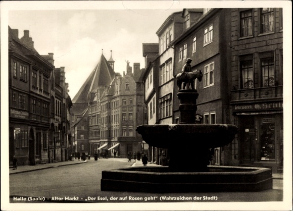 Postcard Halle an der Saale, After Market, fountain with donkey statue, architecture