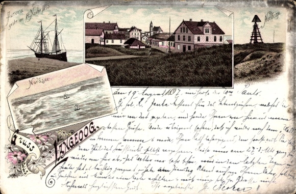 Chromo-Litho North Sea resort Langeoog East Frisia, stranded ship Aurora, North Cape, partial view