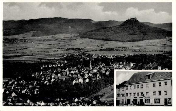 Postcard Hechingen in the Zollernalb district, Hohenzollern Castle, aerial photograph, Klaiber Coffee Shop