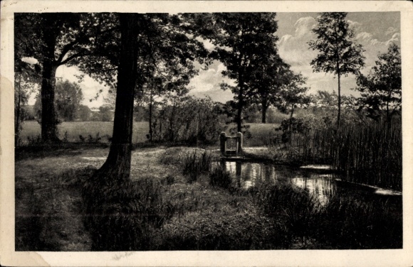 Postcard Doberschütz in Saxony, landscape with bridge, watercourse, trees, nature, idyllic scenery