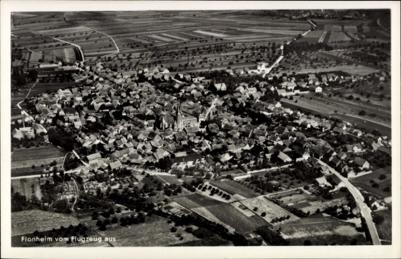 Postcard Flonheim in Rheinhessen, aerial view of many roofs, fields, landscape