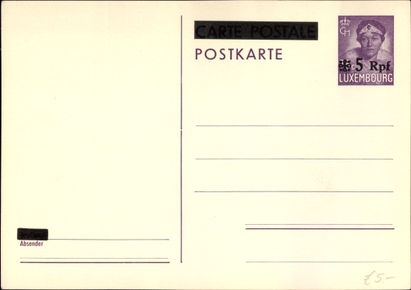 Postwaardestuk ansichtkaart Luxemburg, Luxemburg, 75c overstempeld met 5 Rpf rond 1941