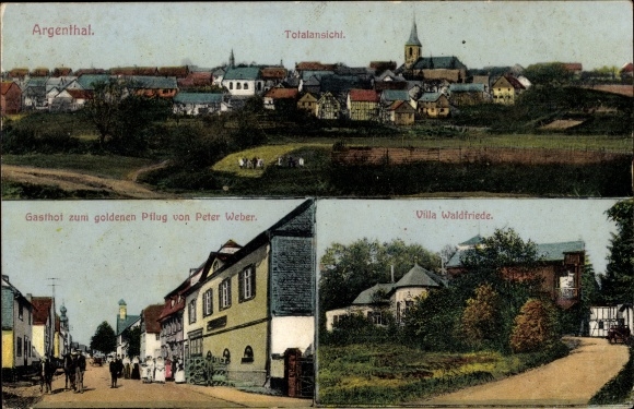 Postcard Argenthal im Hunsrück, Villa Waldfriede, Gasthof zum goldenen Pflug, total view