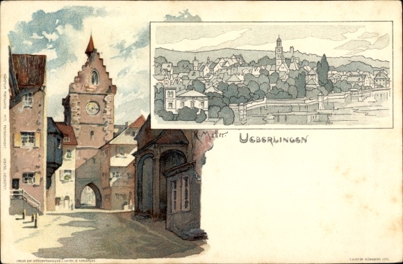 Artist Chromo-Litho Mutter, K., Überlingen am Bodensee, clock tower and gate, street, general view
