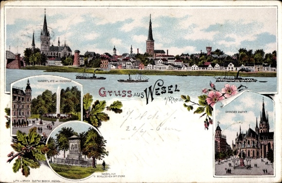 Litho Wesel am Niederrhein, Kaiserplatz, Kaiserhof, Denkmal, Großer Markt