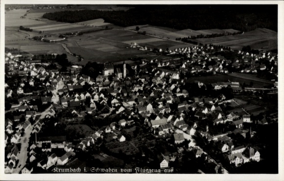 Postcard Krumbach Swabia, aerial view of Krumbach, many houses, rural surroundings, black and white