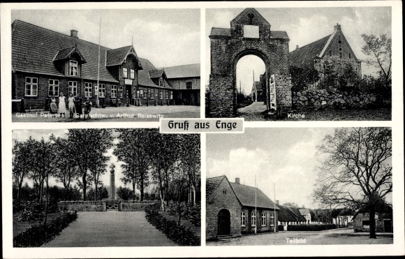 Ak Enge Sande in Nordfriesland, Gasthof Petersen, Gemischtwarenhandlung, Kirche, Denkmal