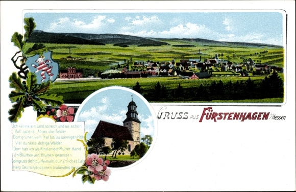 lito Fürstenhagen Hessisch Lichtenau, panoramiczny widok na miasto i okolice, kościół, herb