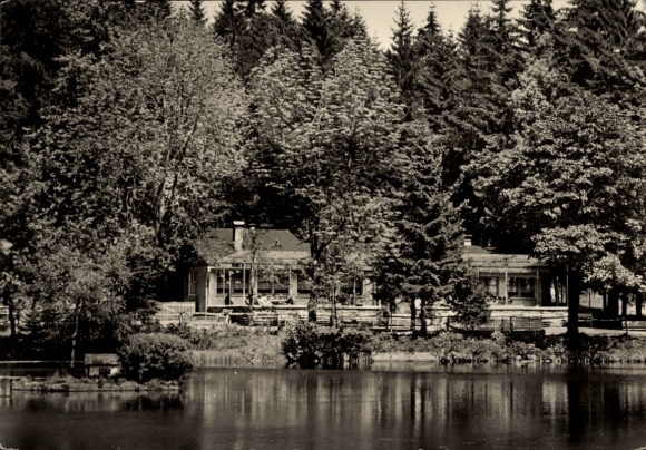Postcard Frauenwald am Rennsteig Ilmenau in Thuringia, landscape with house by the water, many trees, N...