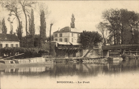 Ak Bougival Yvelines, Restaurant, Pont, Fluss, Bäume, Gebäude, Boot, Wasser