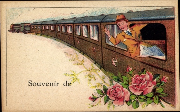 Artist Postcard Souvenir de, railway, man leans out of the compartment, roses