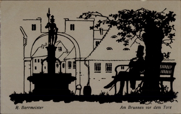 Paper cutting artist Postcard Borrmeister, R., At the fountain in front of the gate