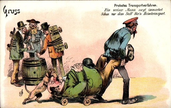 Postcard A wise man provides transport home before getting drunk, Drunk man, Dachshund