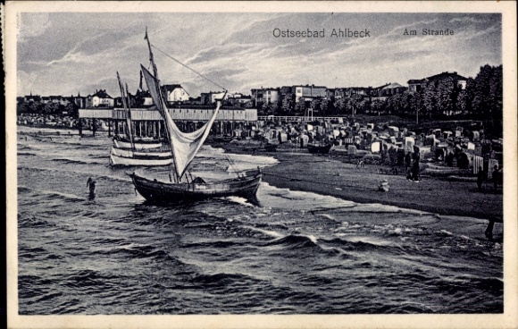 Postcard Ostseebad Ahlbeck on Usedom, Baltic Sea resort beach, boats, bathers, coastal landscape