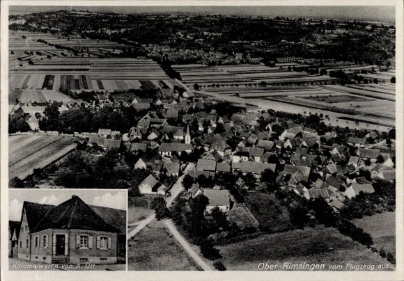Postcard Oberrimsingen Breisach am Oberrhein, aerial photograph, colonial goods by A. Ott