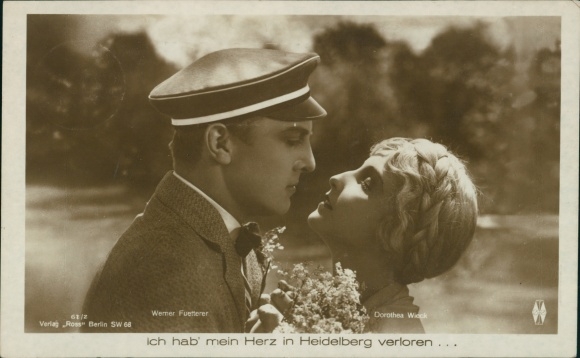 Postcard actor Werner Fuetterer, actress Dorothea Weck, portrait, film
