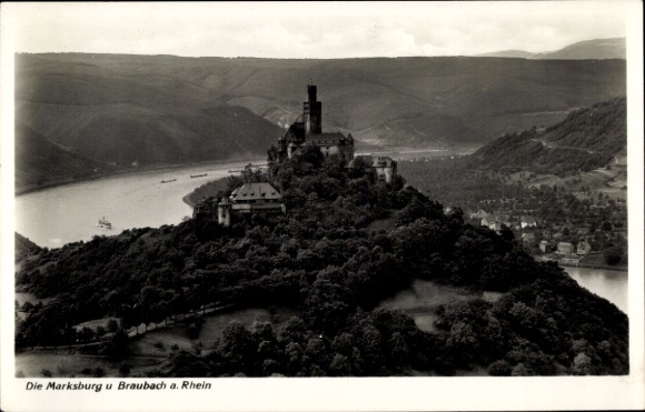 Postcard Braubach am Rhein, The Marksburg, castles, Rhine, photography, black and white