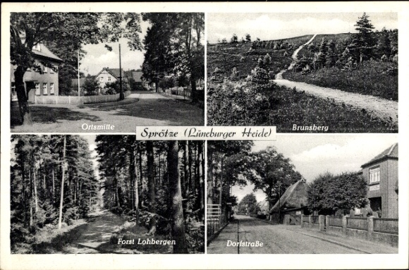 Ak Sprötze Buchholz in de Nordheide, stadscentrum, Brunsberg, Lohbergenbos, dorpsstraat