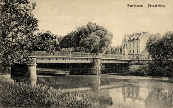 Postcard Gussew Gumbinnen East Prussia, Pissa Bridge