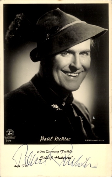 Postcard actor Paul Richter, portrait, autograph, hat, Hubertus Castle