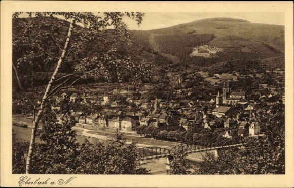 Postcard Eberbach am Neckar Odenwald Baden, landscape shot, city view, river, bridge, church