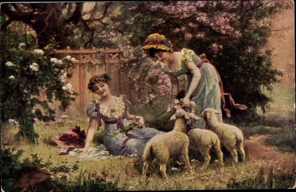 Kunstenaar Ak Zatzka, H., In de lente voeden vrouwen lammeren