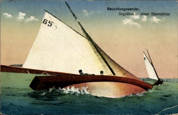 Ak Berlin Köpenick Schmöckwitz Rauchfangswerder, zeilboot in een stormwind