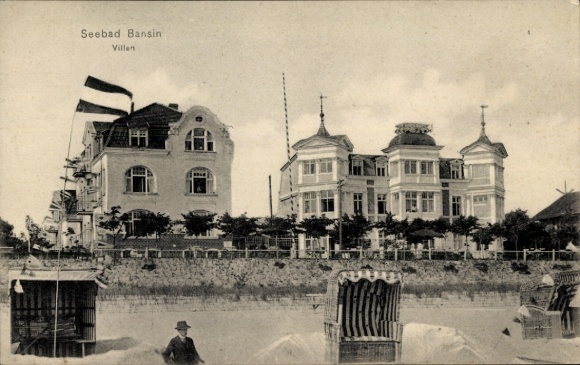 Postcard Ostseebad Bansin on Usedom, seaside resort villas, beach chairs, buildings