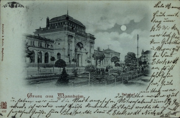 Mondschein Ak Mannheim in Baden, Bahnhof