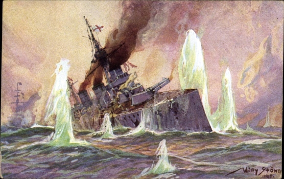 Artist PC Stöwer, Willy, Naval Battle North Sea 1915, English battle cruiser, German cruiser