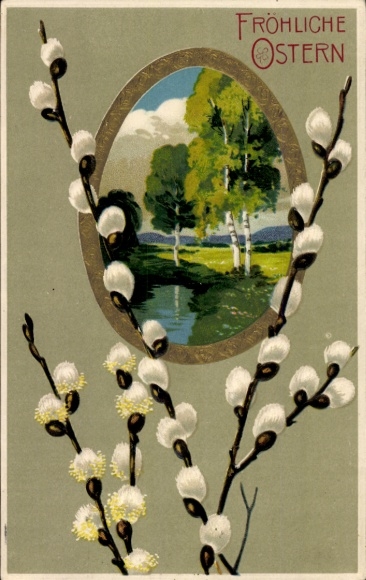 Ak Glückwunsch Ostern, Birken am Fluss, Weidenkätzchen