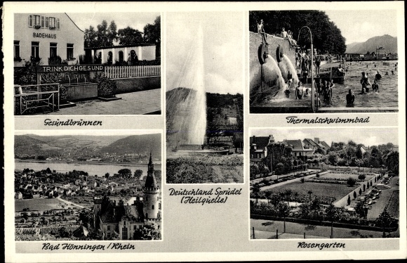 Postcard Bad Hönningen am Rhein, Rhine, panorama, thermal pool, rose garden, Gesundbrunnen